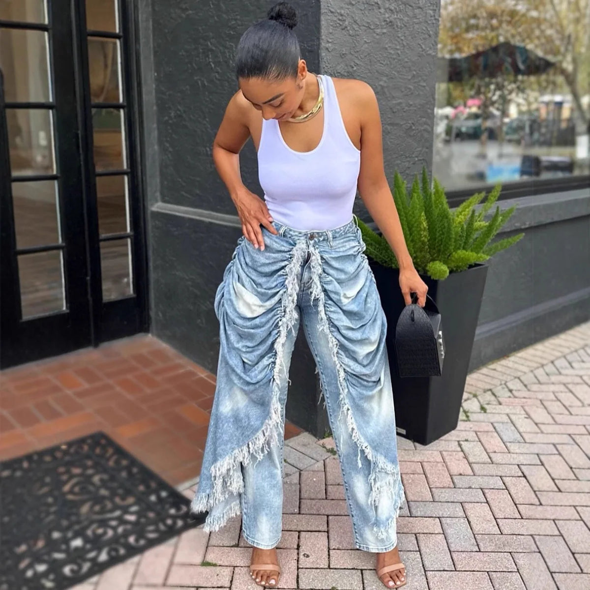Washed Patchwork Denim Straight Pleated Pants For Women