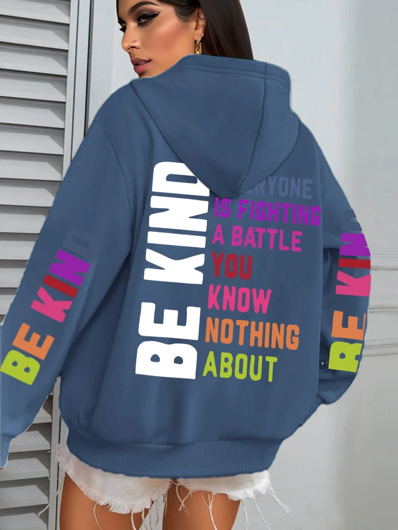 Be Kind Hoodies Women Letter Prints Winter Fleece Warm Hooded Street Pocket Loose Sweatshirts Casual All-match Woman Clothes