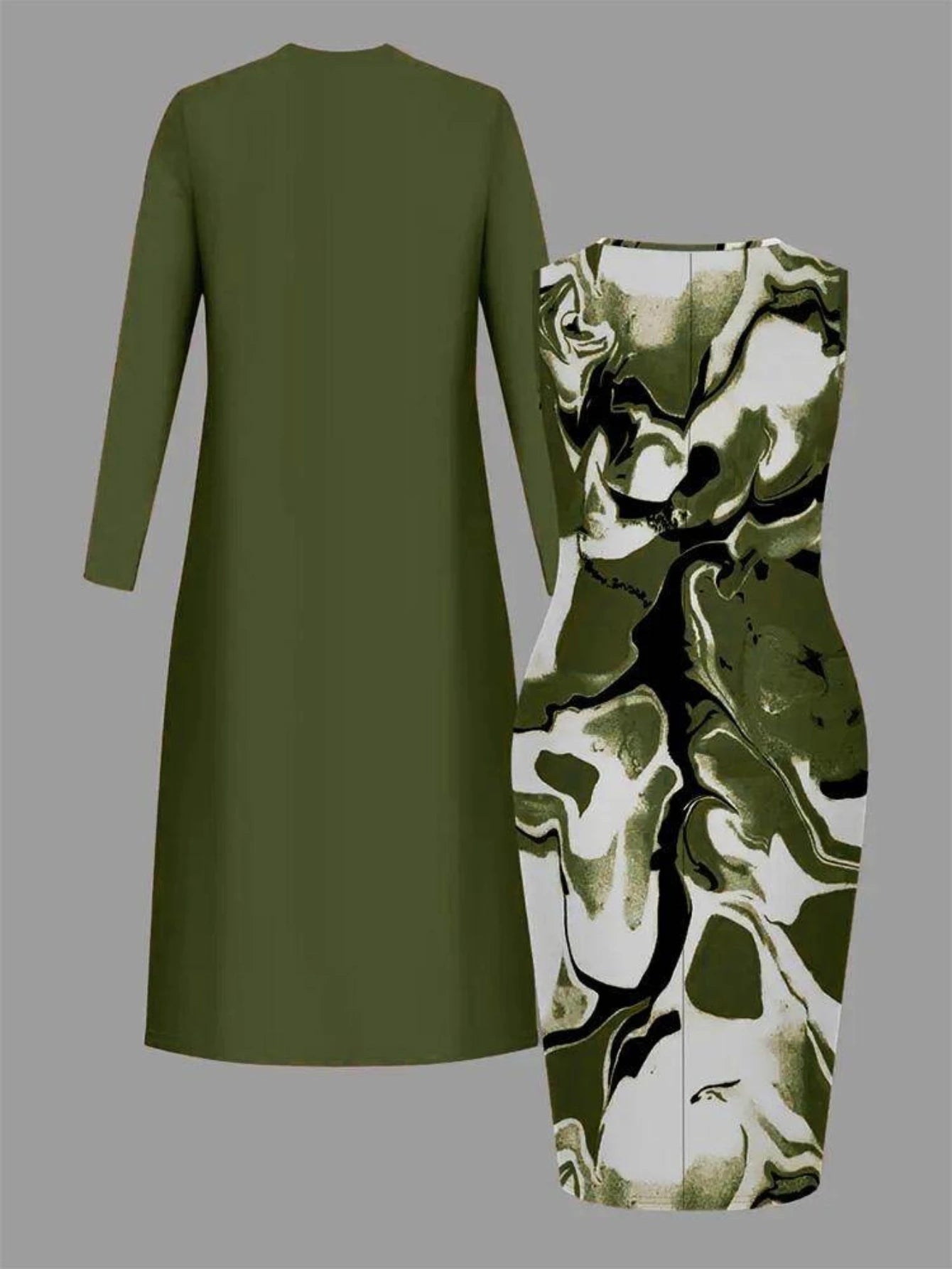 Long Sleeve Open Front Long Cardigan And Marble Print Sleeveless Midi Dress Two Piece Casual Outfit Set For Women
