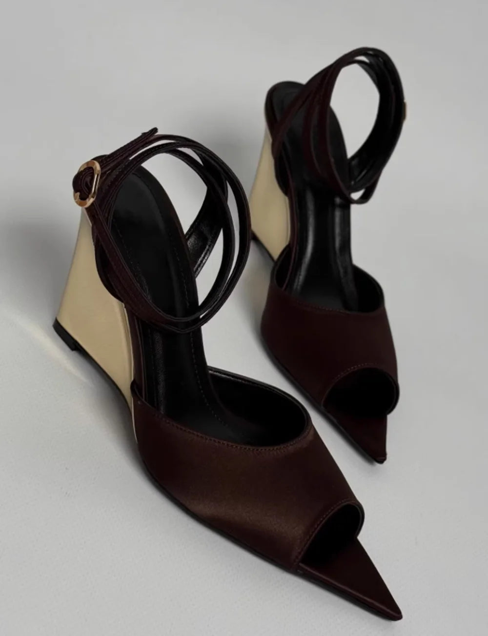Chocolate Satin Peep Toe Wedge Sandals