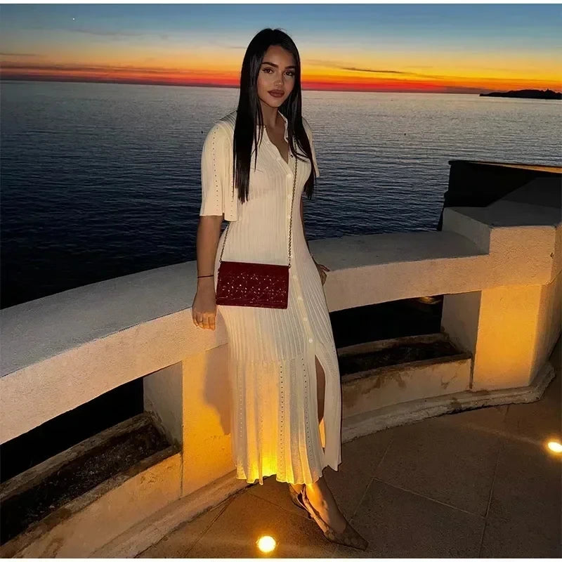 Elegant Pleated Hem Street Fashion O Neck Bell Sleeve Slim Knit Midi Dress 2025 Women Summer Beach Swimsuit Cover Up Tunic A3055