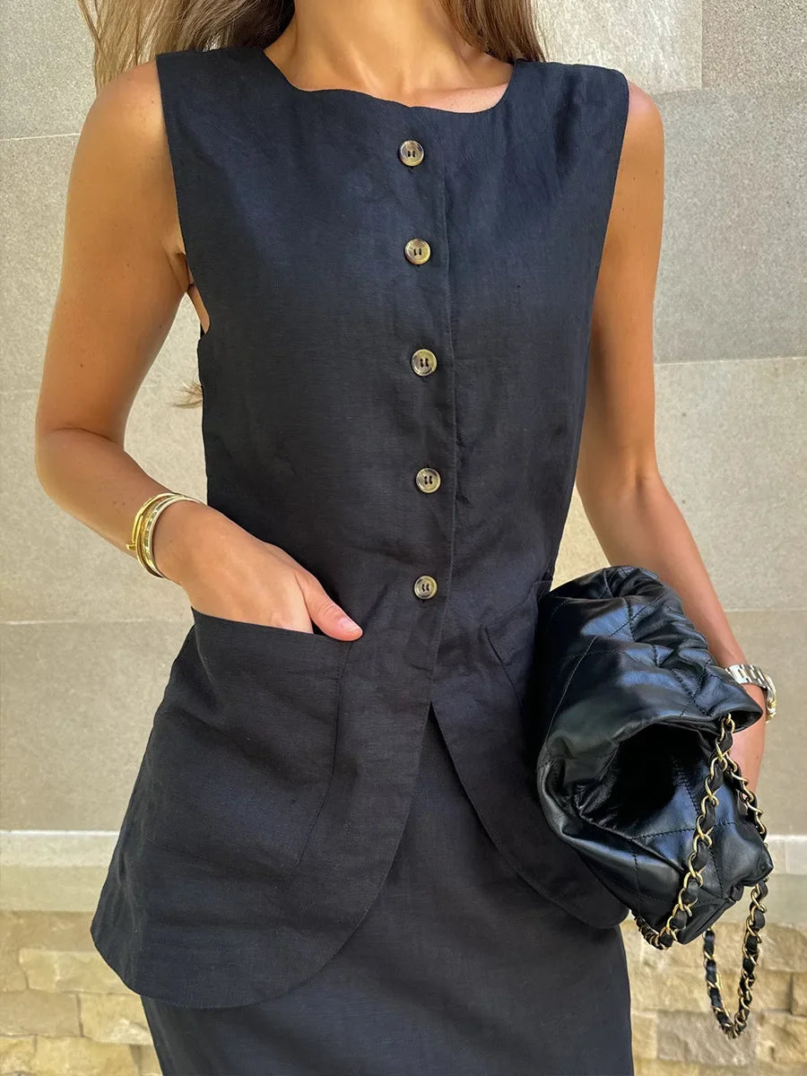 Breathable Linen High Waist Vest And Skirt Set For Women