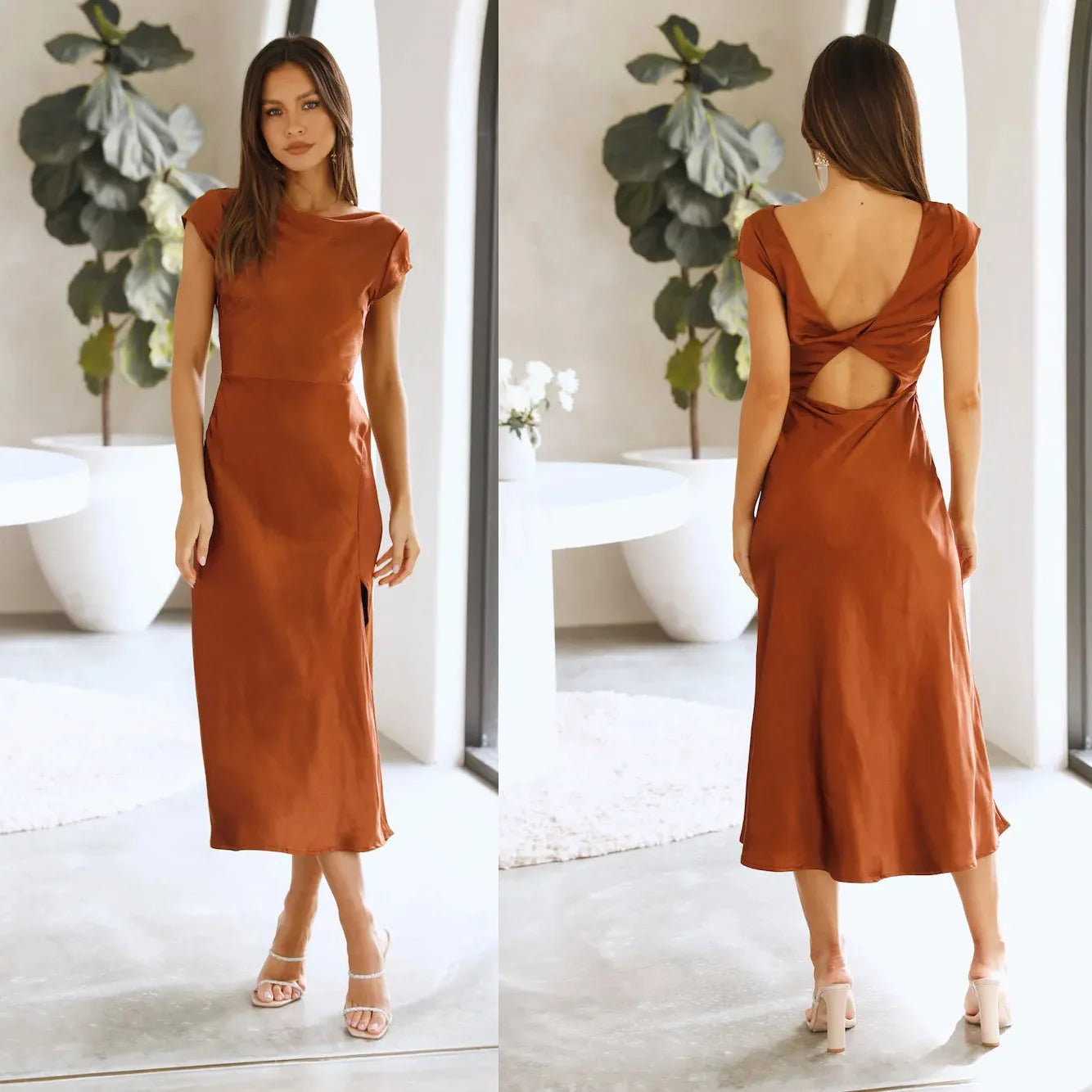 Elegant Solid Color Satin Slim Backless Slit Dress for Women