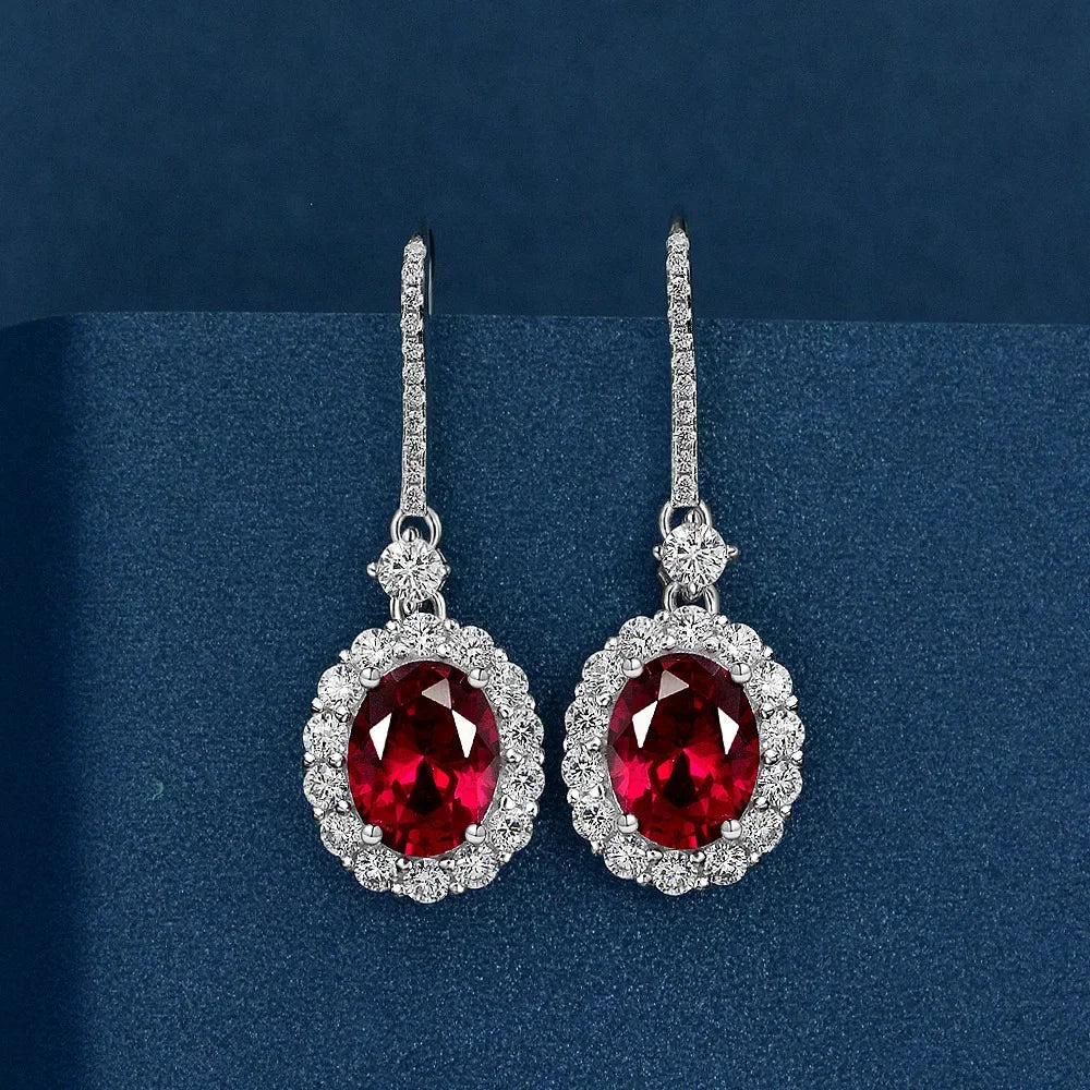 Drop Earrings With Oval Cut Ruby And Sapphire Stones In Sterling Silver 925, Vintage Style