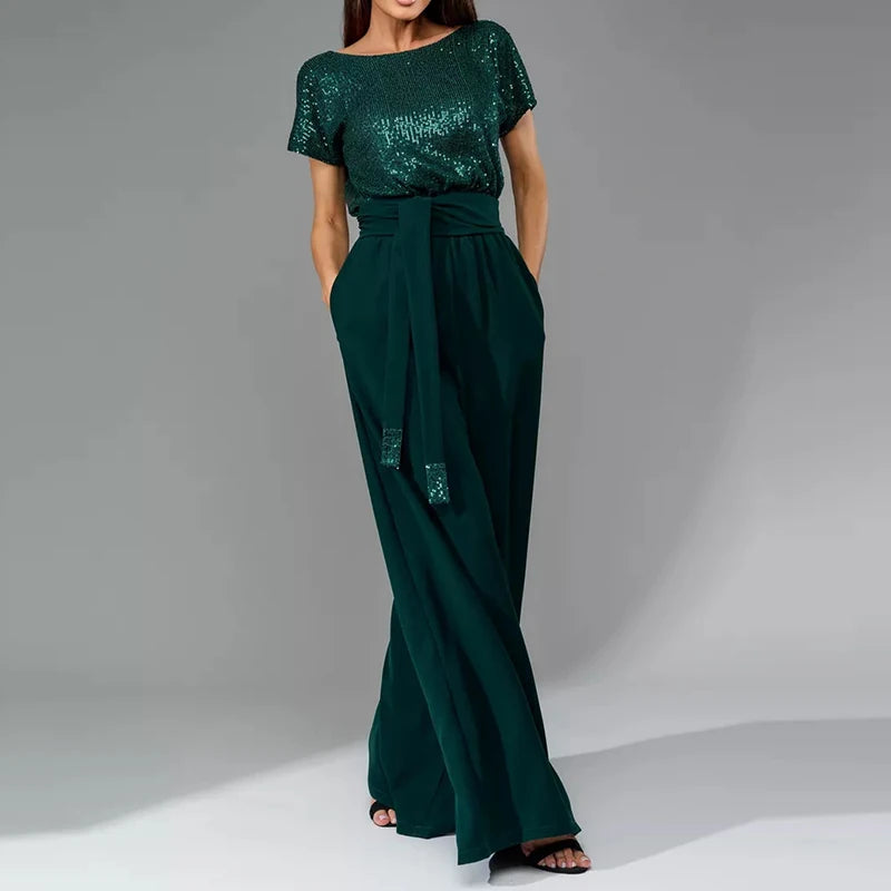 Sequin Patchwork High Waist Jumpsuit with Short Sleeves for Women