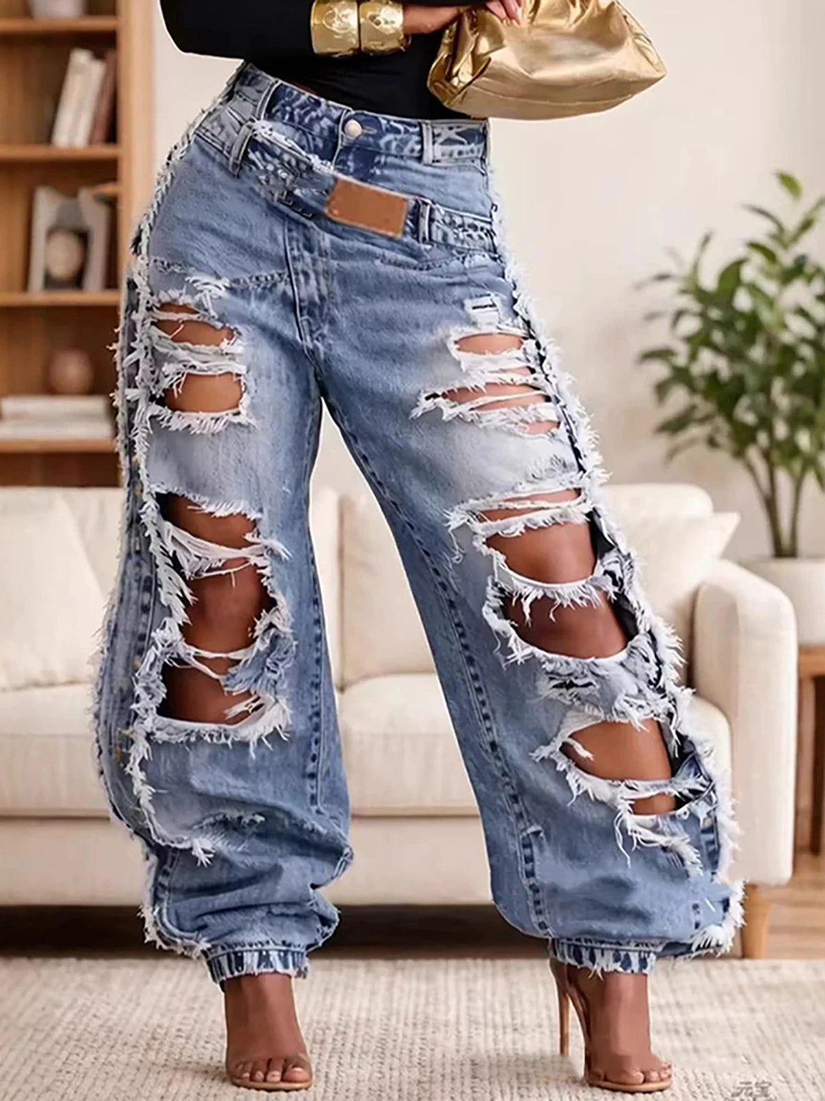 Heavy Ripped Wide Leg Distressed Denim Jeans for Women
