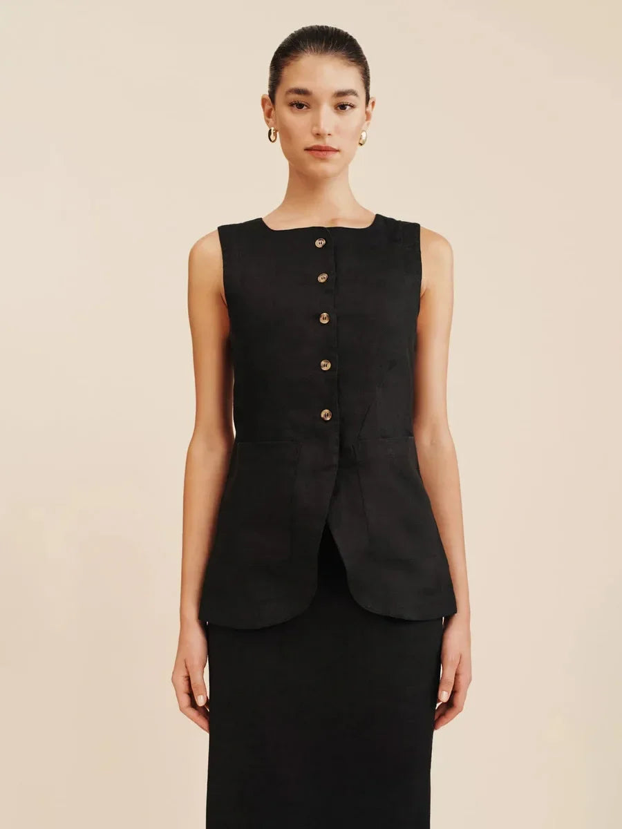 Breathable Linen High Waist Vest And Skirt Set For Women