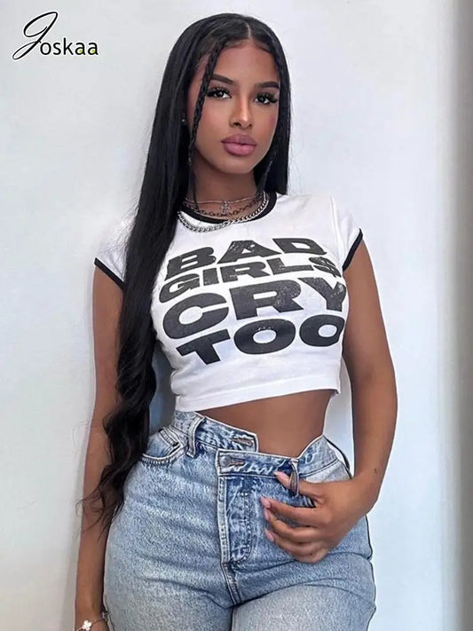 Joskaa 2025 Summer Women's Graphic Print T-Shirt Casual Color Block O-Neck Short Sleeve Slim Tees Y2K Streetwear Fashion Tops