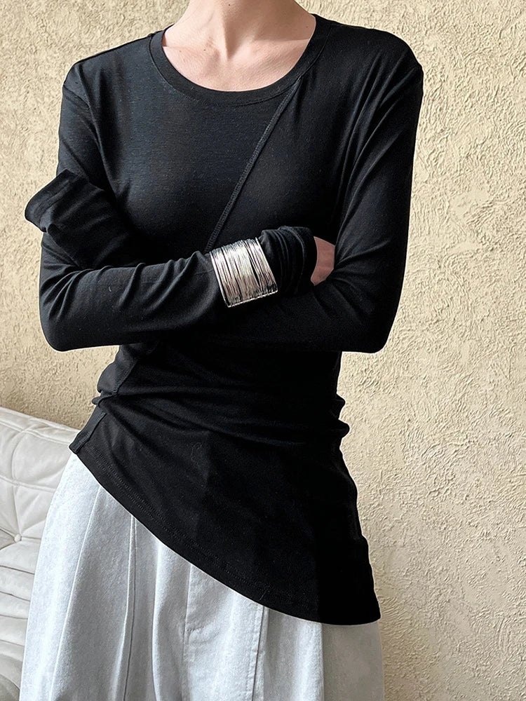[EAM] Women Gray Thin Perspective Slim Irregular T-shirt New Round Neck Long Sleeve Fashion Tide Spring Autumn 2025 1DH9981