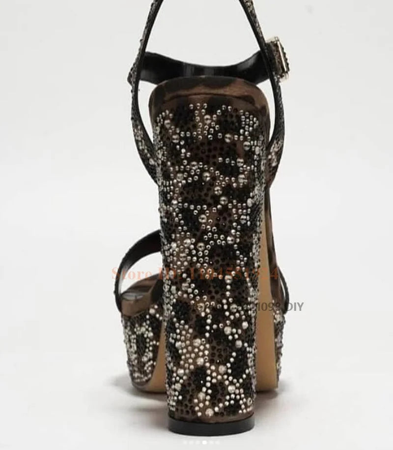 Leopard Print Crystal Ankle Wrap Chunky Heel Platform Sandals for Women