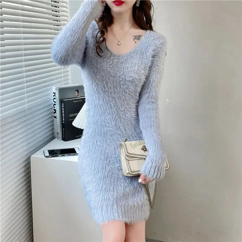 Cozy Faux Mink Knit Sweater Dress