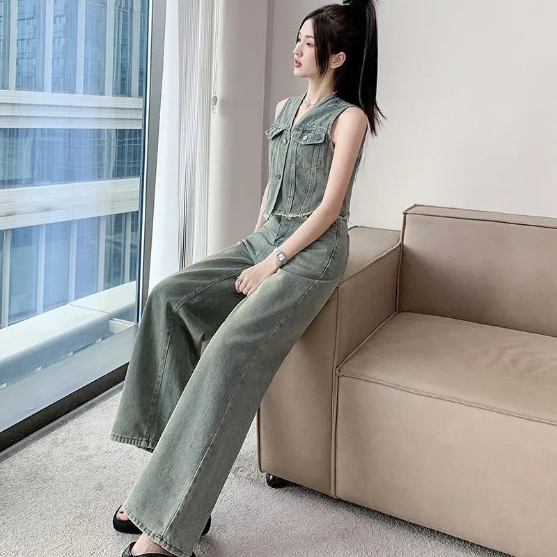 Frayed Denim Vest High Waisted Pants Set Sleeveless Jean Vest Top with Wide Leg Tapered Cropped Pants for Women Summer Outfit