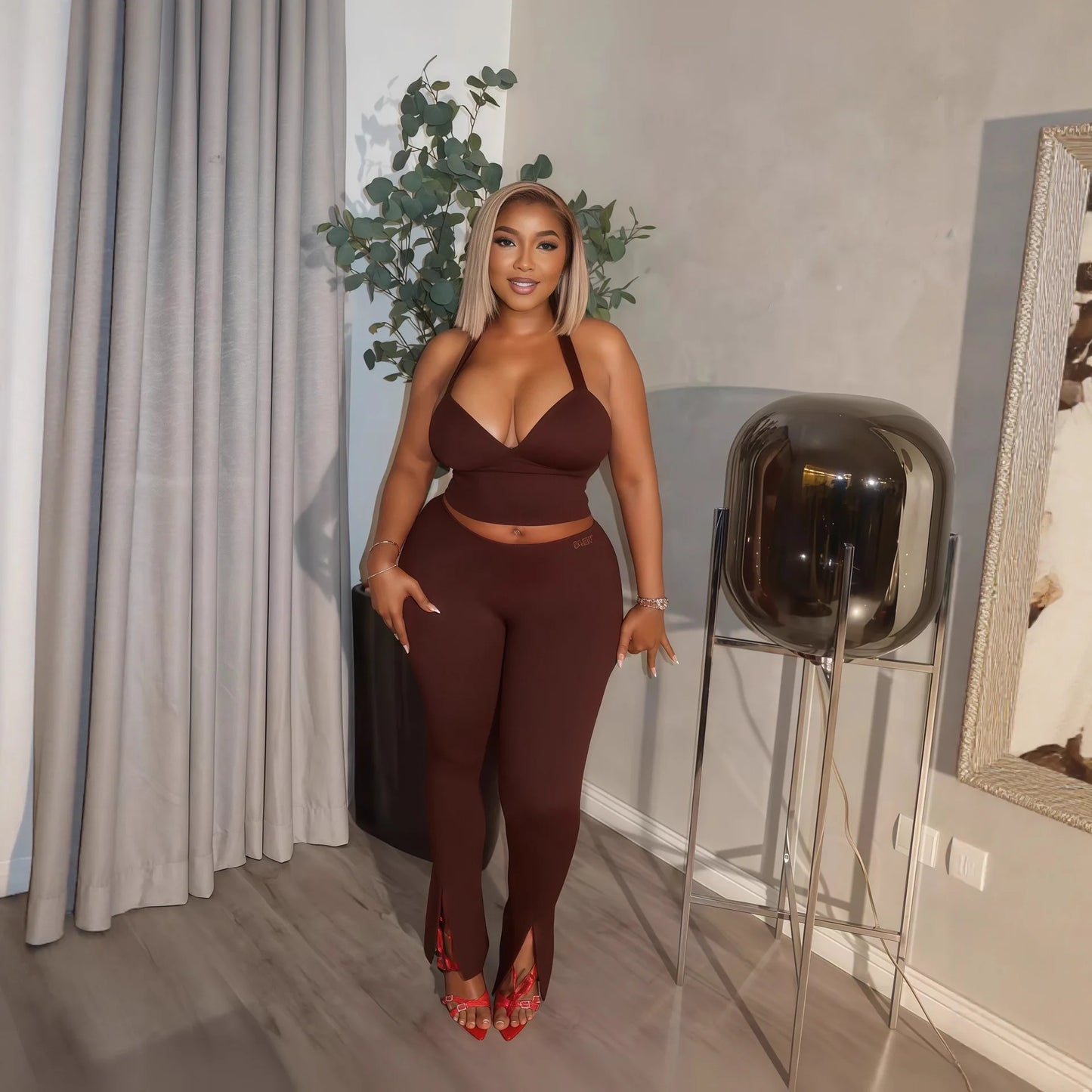 Solid Color Halter Neck Crop Top Two Piece Set for Women