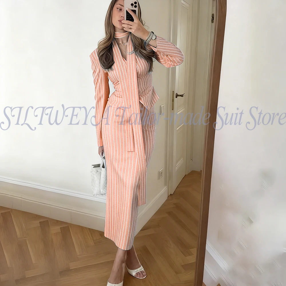 Single Breasted Blue Striped Blazer Skirt Set for Women