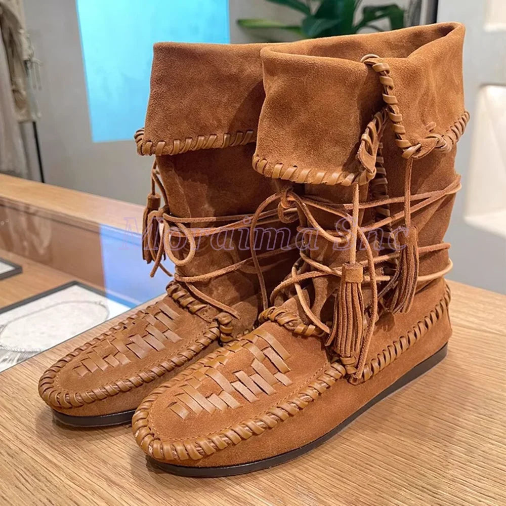 Fringe Cross Strap Suede Lace Up Ankle Boots For Women