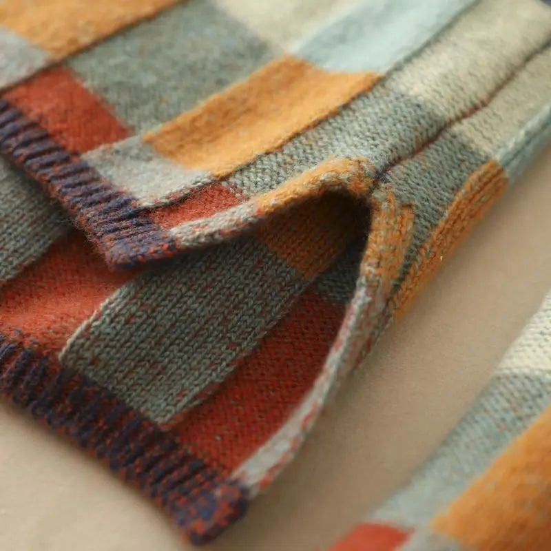 Cozy Thick Knit Turtleneck Sweater With Plaid Pattern For Women