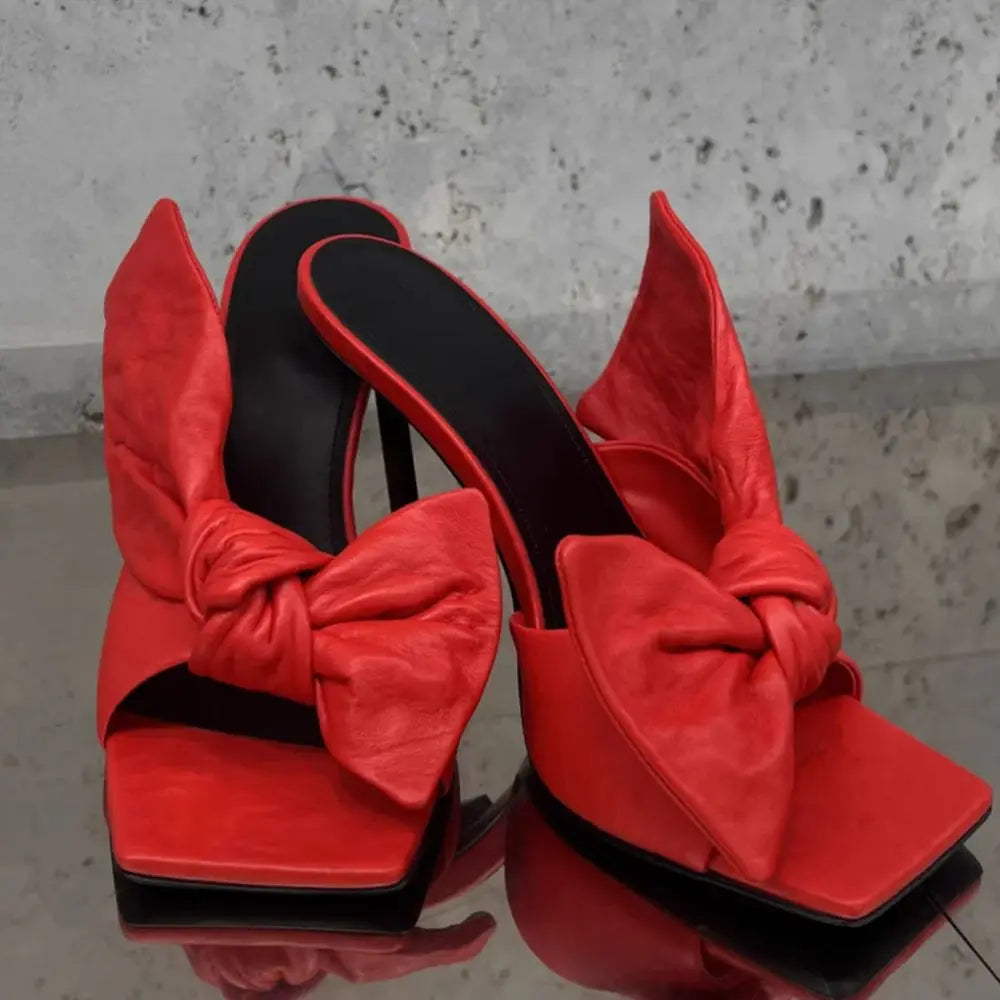 Red Leather Square Toe Stiletto Sandals