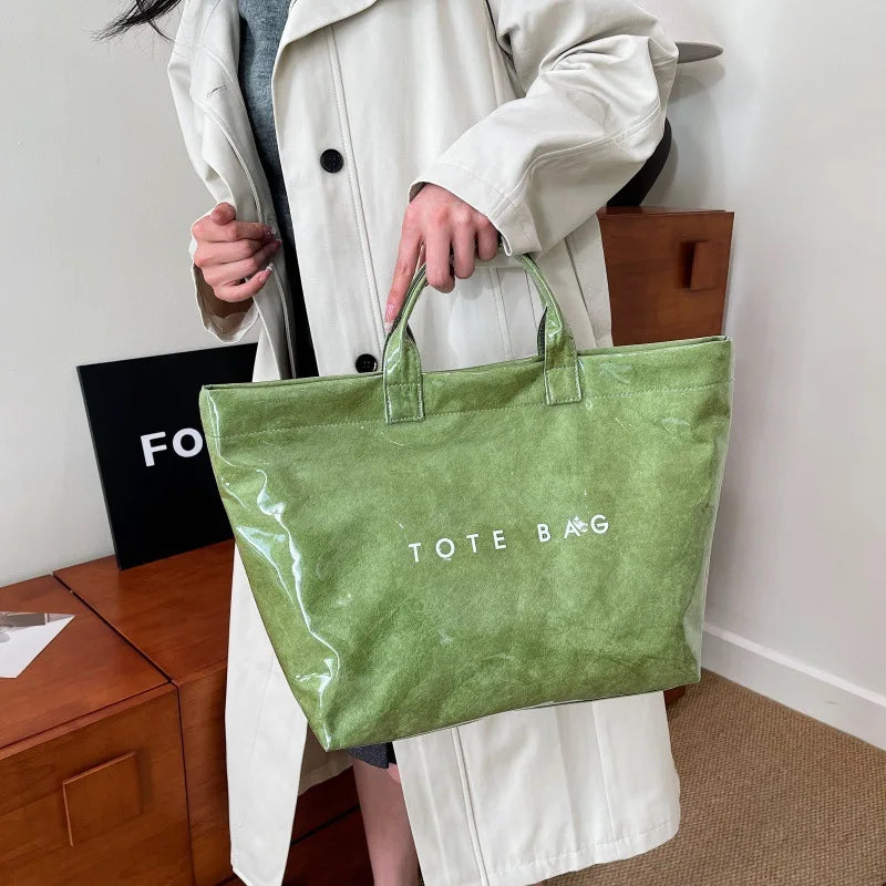 Kraft paper jelly waterproof bag, women's new retro commuting large capacity DuPont paper tote bag
