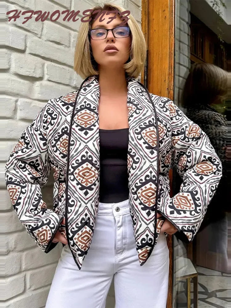 Printed Cotton Padded Winter Coat with V Neck for Women