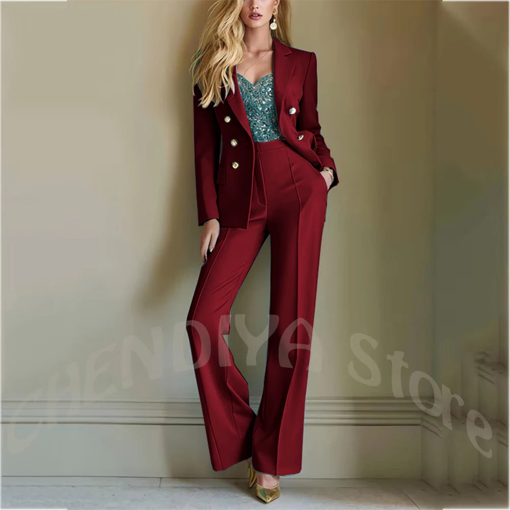 Solid Color Suit For Women High Quality Double Breasted Two Piece Notch Lapel Slim Fit Elegant Fashion Female Outfit Jacket Pant