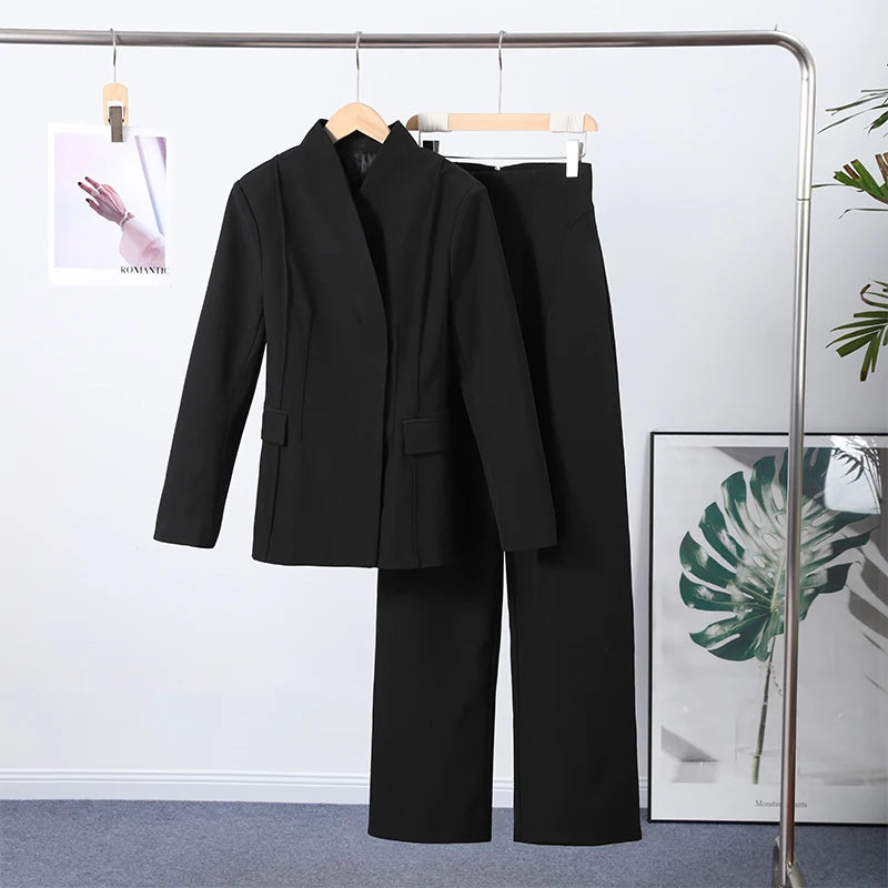 Women's Pant Set Office Elegant V-neck Full Sleeve Blazers High Waist Straight Pants Female Sets 2026 New Winter Woman Outfits