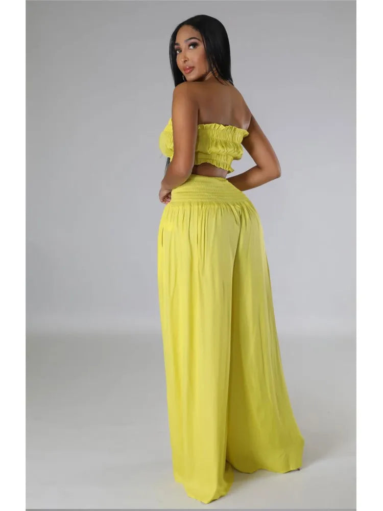 Lace Up Strapless Top Two Piece Pants Set for Women