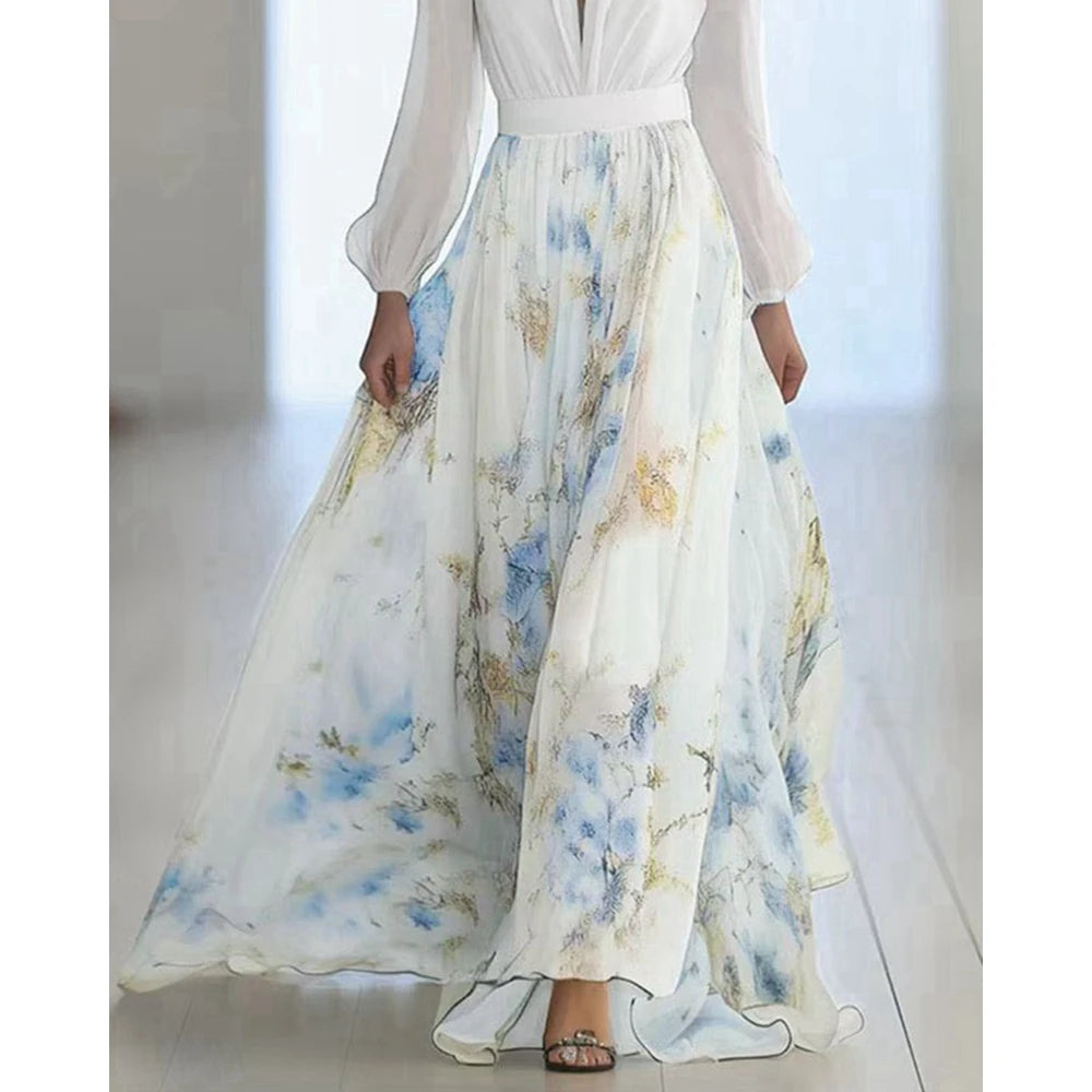Floral Dress Print Long Sleeve Summer Women Dress Deep V Neck Slim Waist Maxi Dress for Party Evening Gown Vestidos Elegantes