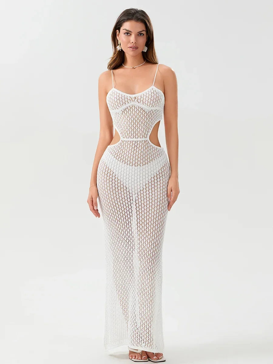 2024 Sexy See-through V Neck Cut Out Knit Beach Maxi Dress Summer Women's Holiday Elegant Outfit Swimsuit Cover Up Tunic A3094