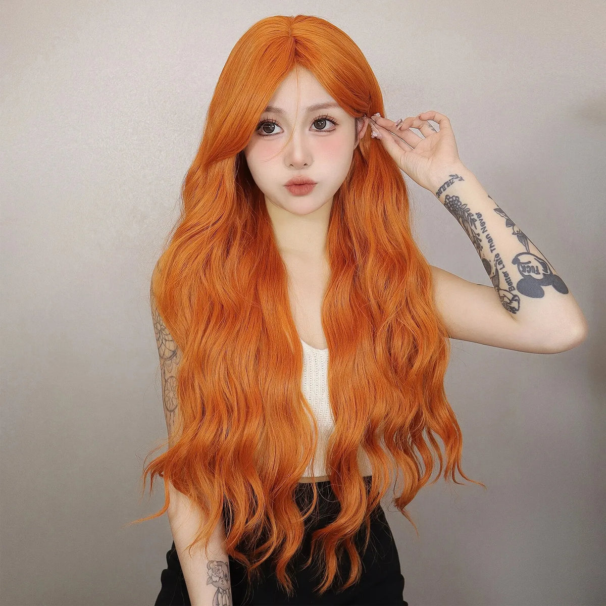 Long Water Wave Orange Synthetic Wig With Bangs for Women