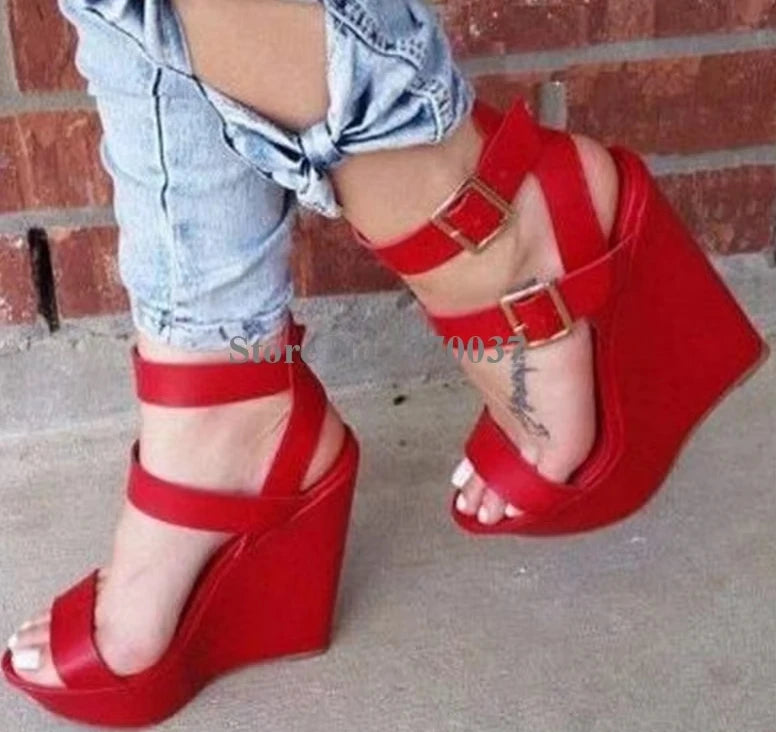 Red Leather Open Toe Platform Wedge Sandals with Ankle Strap for Women
