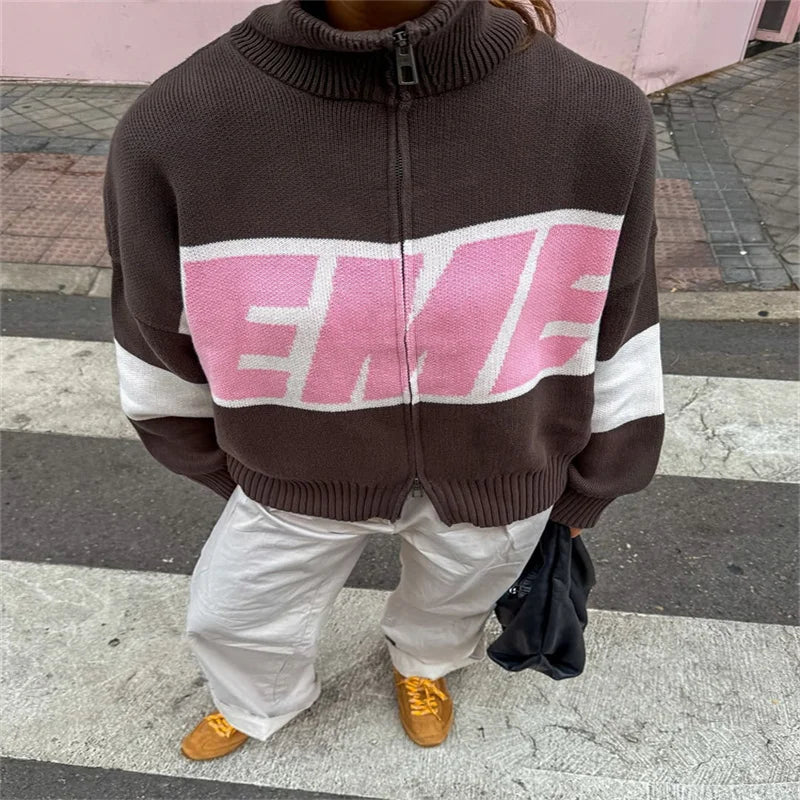 Letter Women 's Sweater Stand Collar Y2k Knit Sweaters For Woman Zipper Full Sleeve Tops Female 2025 Winter Men Jacket Knitwear