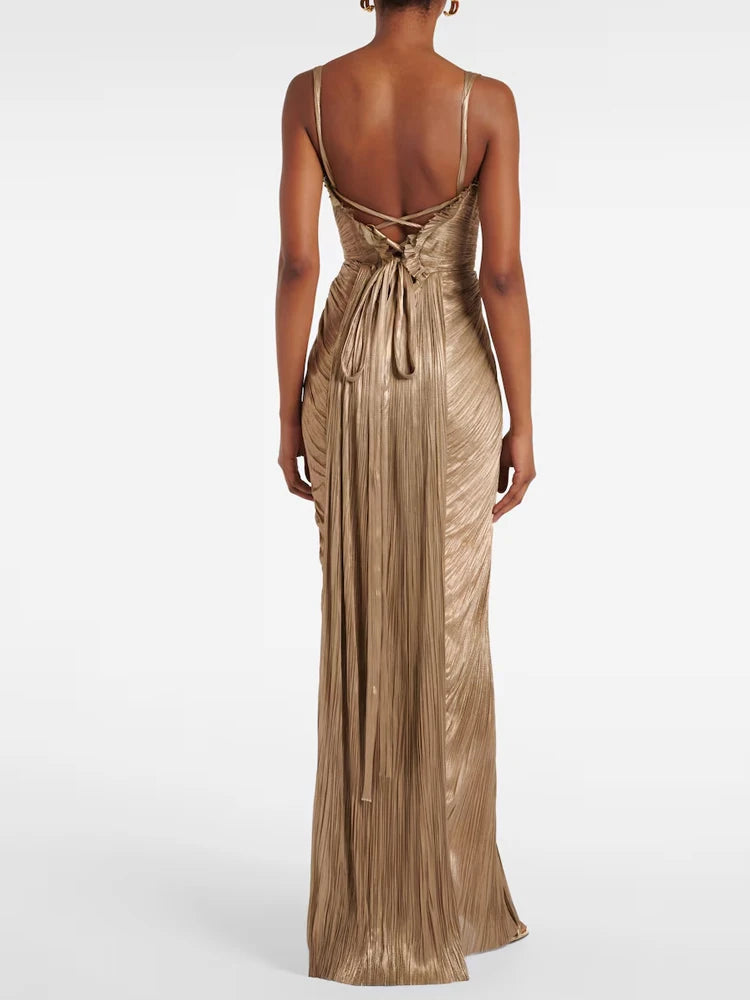 Casual Sleeveless Backless Lace-Up Party Dress Sexy V-neck Draped Slim Suspender Dress Women Elegant Hight Waist Prom Long Dress