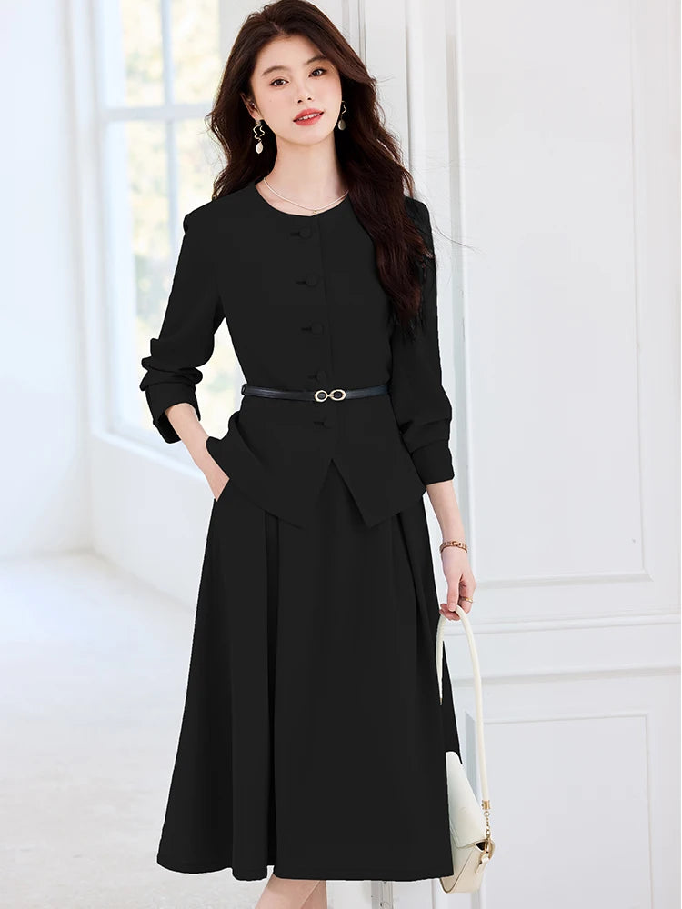 Fashion Women Formal Blazer Skirt Suit Ladies Blue Apricot Black Female Business Work Wear Two Piece Set For Autumn Winter