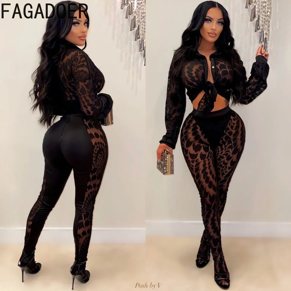 FAGADOER Autumn New Sexy Mesh See Through Woman 2 Piece Set Outfit Long Sleeve Crop Top and Pants Female Streetwear Clothing