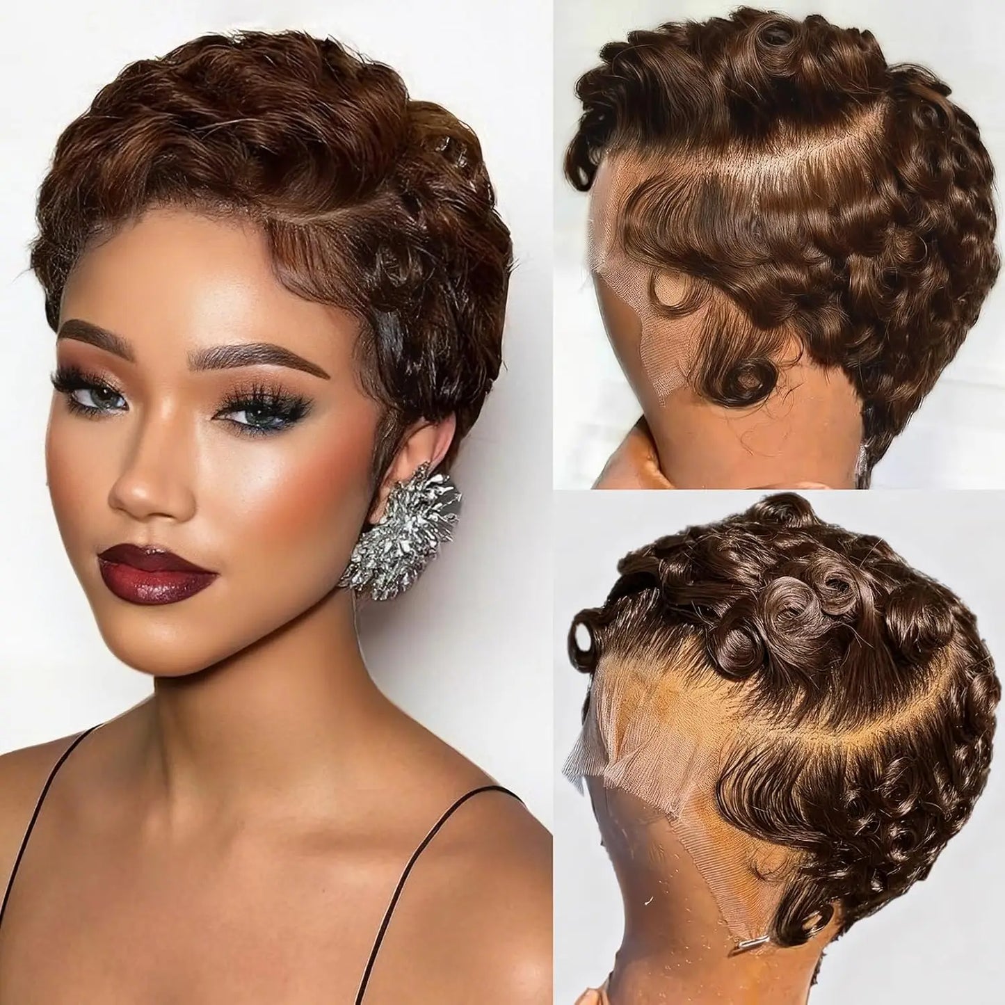 Short Layered Curly Pixie Cut Lace Front Human Hair Wig for Women