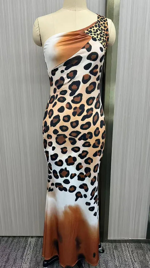 One Shoulder Leopard Print Satin Maxi Dress For Women