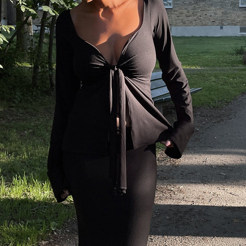 Y2K Cottage Retro Grunge Crop Tops Clothes Elegant Front Tie Up V Neck T-shirt 90s Vintage Chic Women Long Sleeve Blouse Tees