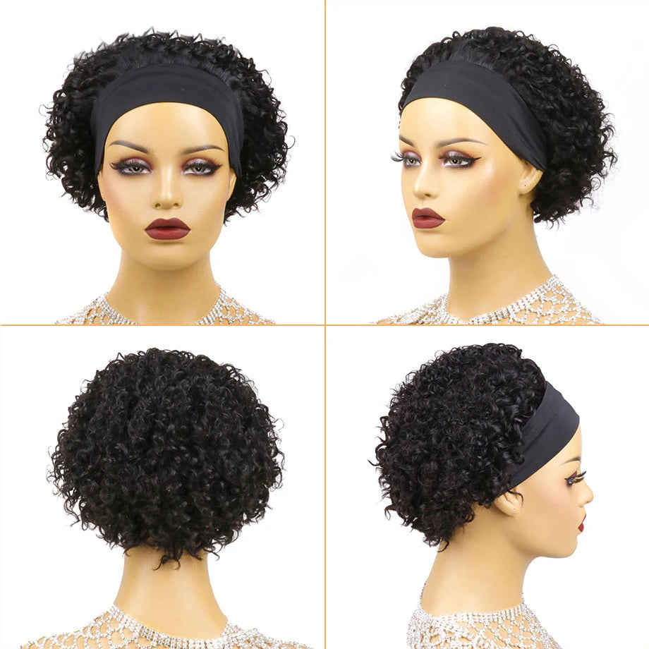 Short Curly Kinky Headband Human Hair Bob Wig for Women