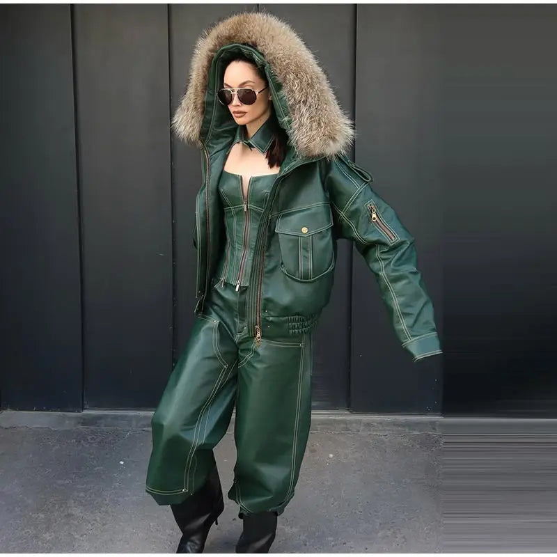 Fur Collar Women 's Leather Jackets Vintage Hooded Zipper Pockets Full Sleeve Jackets Lady 2025 New Woman Winter Coats Outwears