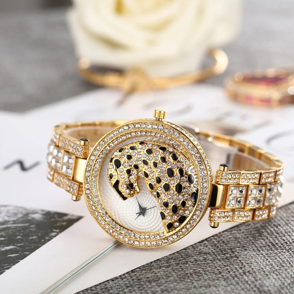 MISSFOX Women Quartz Watch Fashion Bling Casual Ladies Watches Female Quartz Gold Watch Crystal Diamond Leopard For Women Clock