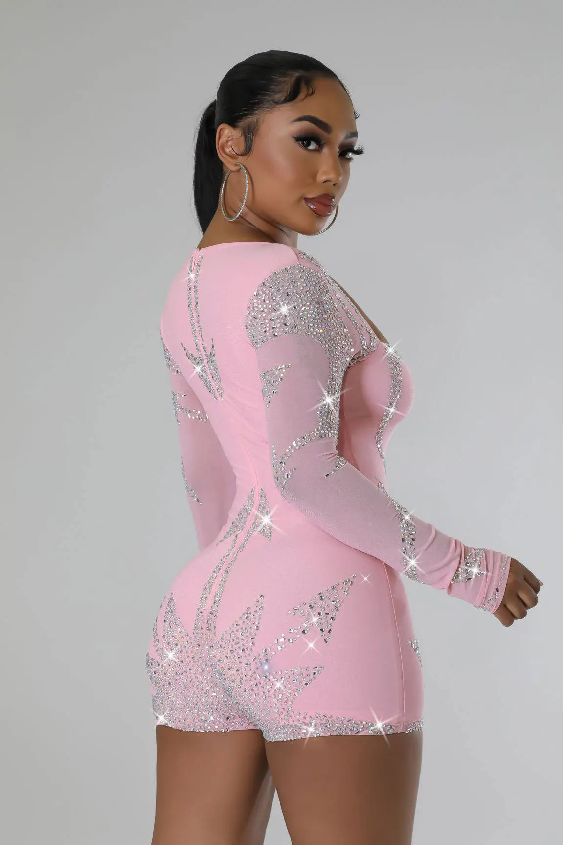 Rhinestone Mesh V Neck Long Sleeve Jumpsuit For Women