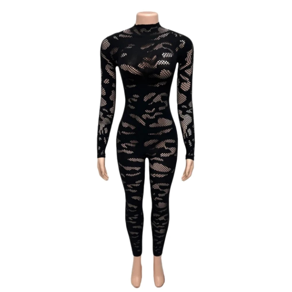 Lace See Through Round Neck Long Sleeve Bodycon One Piece for Women