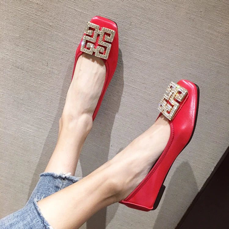 Rhinestone Buckle Square Toe Slip On Flats for Women