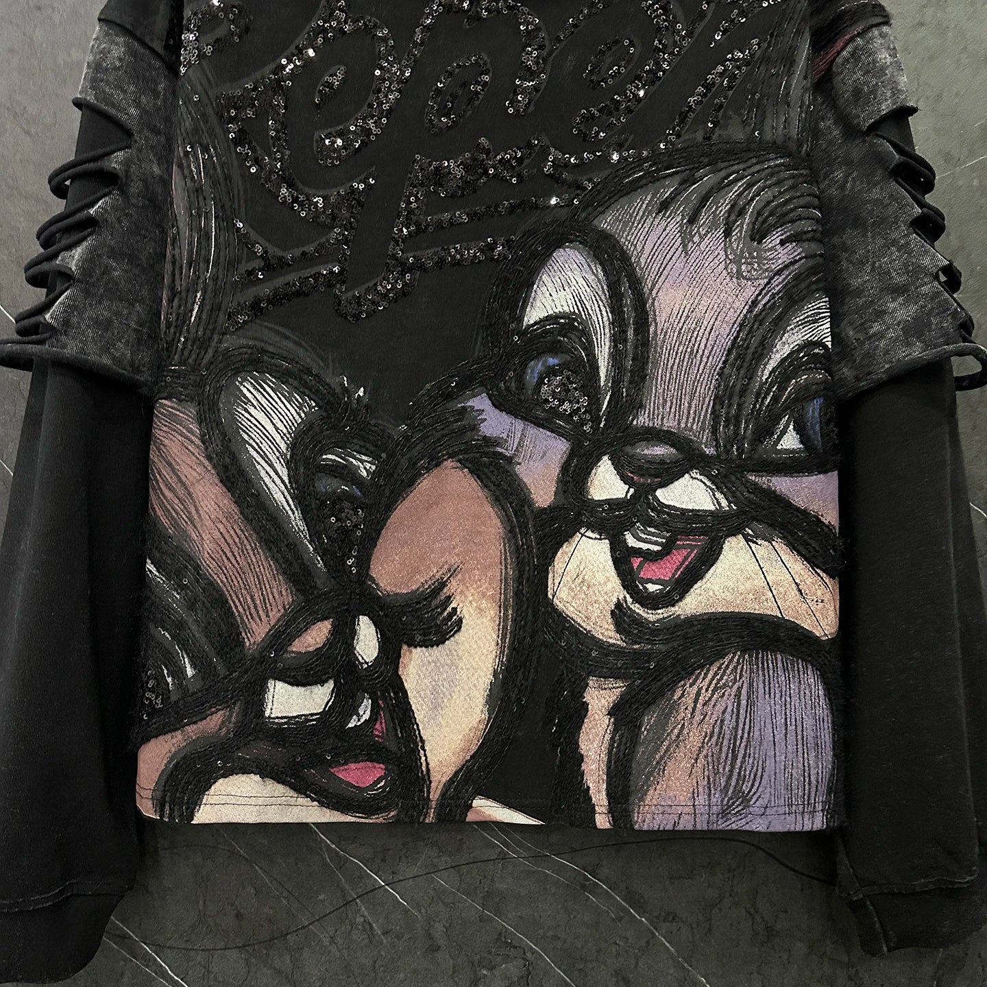 Heavy Industry New Cartoon Distressed Fake Two-Piece Crew Neck Sweatshirt Loose Casual Versatile Top Autumn Long Sleeves Hoodies