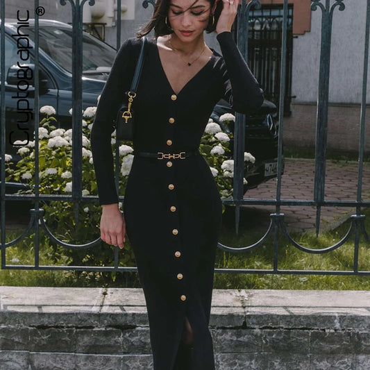 Cryptographic Fall Winter Knitted Button Sweaters Midi Dress Elegant Outfits Long Sleeve Split Bodycon Cardigan Dresses Clothes