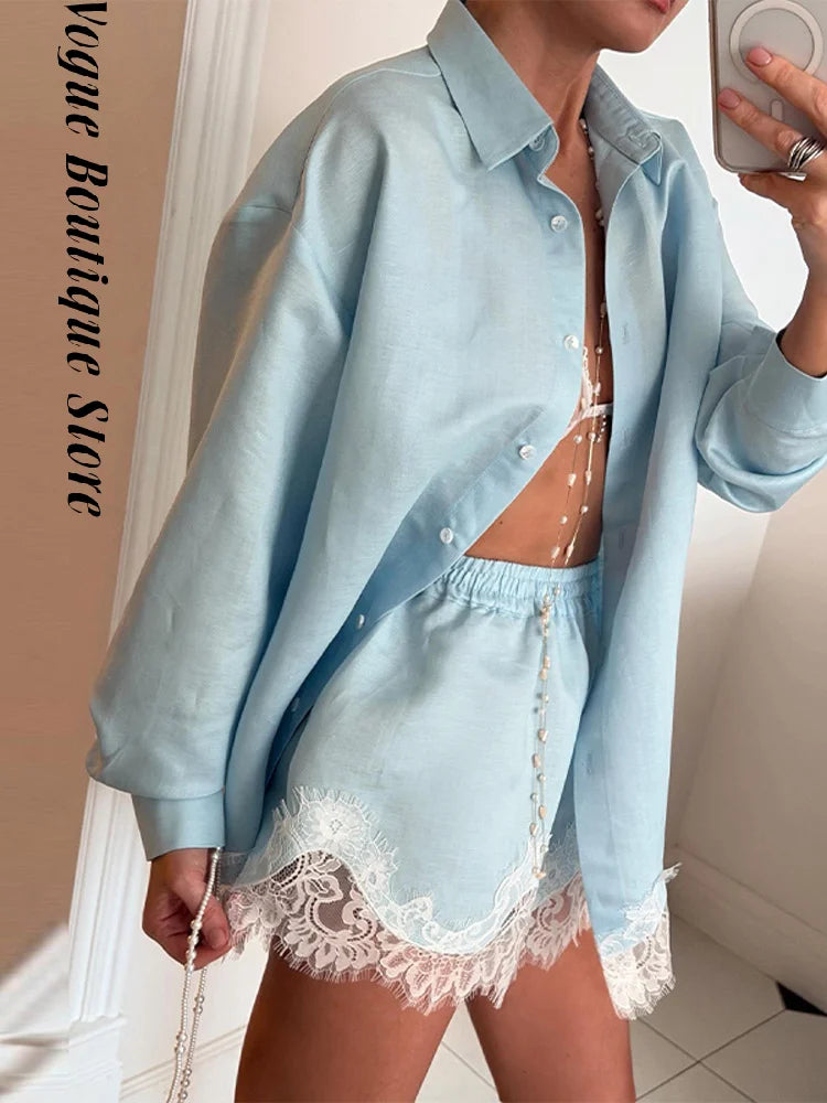 Casual Lace Patchwork Shirt and Shorts Set for Women