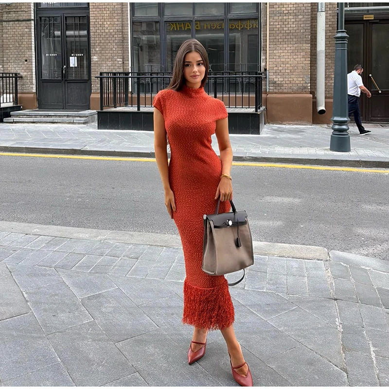 Sequin Knit Short Sleeve Tassel Midi Party Dress for Women