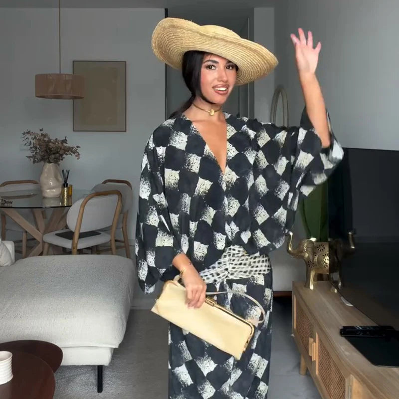 Casual Patchwork Print V Neck Maxi Dress for Women