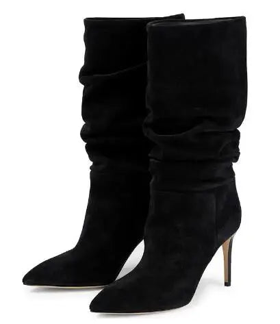 Slip On Pleated Suede Pointed Toe Thin Heel Mid Calf Boots for Women