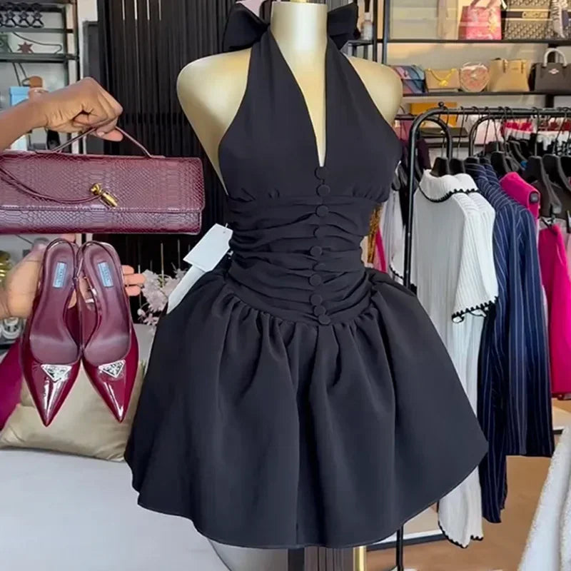 Summer Backless V Neck Butterfly Knot Mini Dress for Women